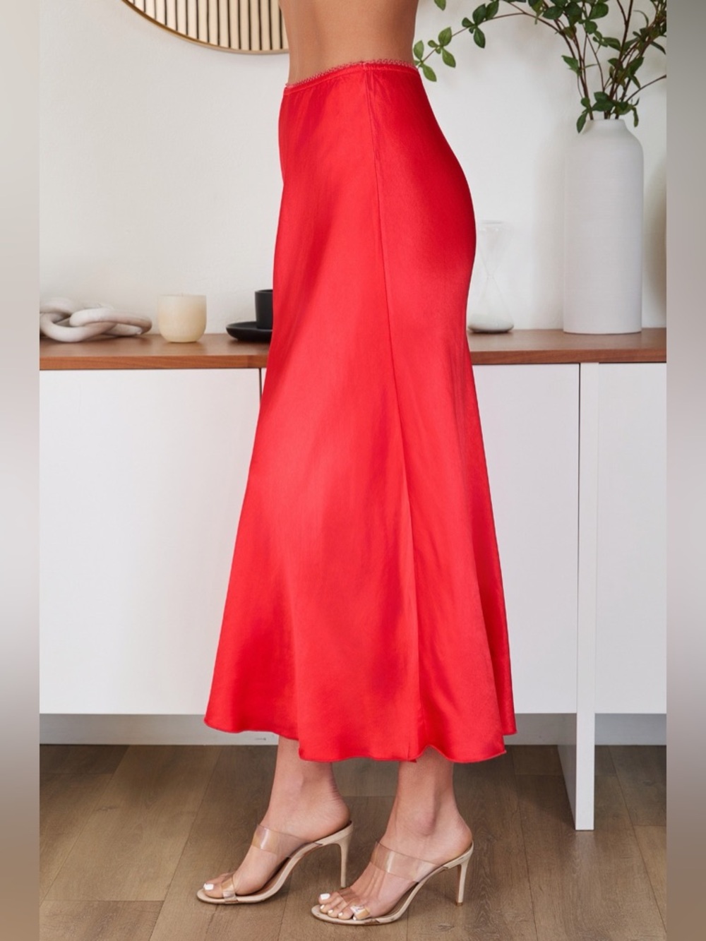 (9298/235110-RED) SOLID ELASTIC LACE TRIM WAIST SILKY VISCOSE MAXI SKIRT - Picture 2 of 4